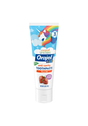 Orajel Kids Mermaid and Magical Unicorns Anti-Cavity Fluoride Toothpaste, Natural Very Berry Strawberry Flavor, 4.2oz Tube