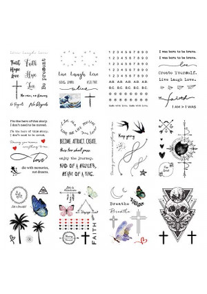 Everjoy Realistic Temporary Tattoos 100+ Designs, 16 Sheets, Inspirational Quotes, Live Laugh Love, Faith, Hope, Breathe, Boho, Butterfly, Heart, Cross, Infinity Tattoos