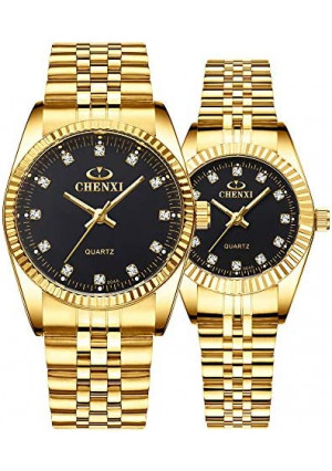 Couple Watches Classic Golden Stainless Steel Watch His and Hers Waterproof Quartz Watch