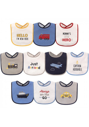 Luvable Friends Baby Boy Cotton Terry Drooler Bibs with PEVA Back 10pk, Transportation, One Size
