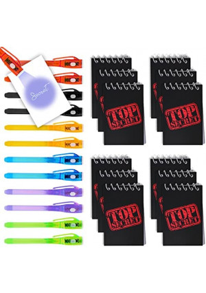 Invisible Ink Spy Pen with UV light (12 Pack) + Mini "TOP SECRET" Notepads (12 Pack). - Perfect Favor for Spy parties, Stocking Stuffers, Pinatas, Science Fairs, and more