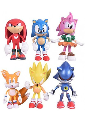 Max Fun Set of 6pcs Sonic The Hedgehog Action Figures, 5-7cm Tall Cake Toppers- Classic Sonic, Amy, Super Sonic, Tails, Metal Sonic, and Knuckles
