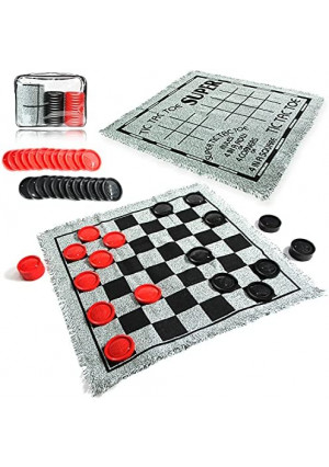 Giant Checkers Set - 3 in 1 Tic Tac Toe Game Board for Adults and Kids with 24 Checker Pieces Reversible Rug - Indoor and Outdoor Games for Family and Party - Gift for Kids