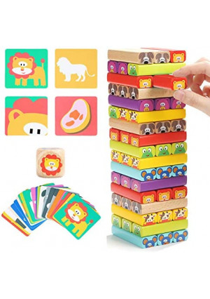 TOP BRIGHT Colored Wooden Blocks Stacking Board Games for Kids Ages 4-8 with 51 Pieces