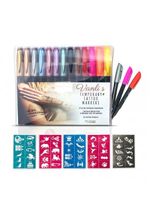 Vanli's Temporary Tattoo Pens With 50 Pieces of Tattoo Stencil Paper. Skin Safe, Great For Kids, Women and Men