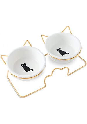 Cute Cat Food Bowls, Elevated Cat Bowls, Raised Pet Food Water Bowls with Stand, Ceramic Pet Bowls for Cat or Small Dogs, 9 Ounces Cat Dishes, Whisker Fatigue, Dishwasher Safe, Anti Slip Feet