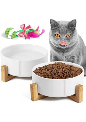 devesanter Ceramic Dog and Cat Bowl,2 Pack White Non Slip Cat Food and Water Bowls,Pet Feeding Bowls with Wood Stand Dishwasher and Microwave Safe Pet Bowls for Cats Dog Pet(28.7oz*2)