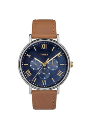 Timex Unisex Southview 41 Multifunction Blue/Silver-Tone Watch, Tan Leather Strap