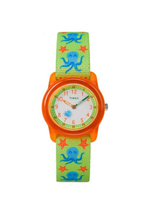 Timex Boys Time Machines Green/Orange Octopus Watch, Elastic Fabric Strap