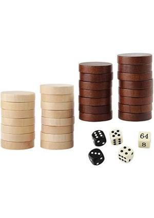 Amerous Wooden Checkers Pieces Nature Wood Backgammon Pieces with Drawstring Bag, 5 Dices Included