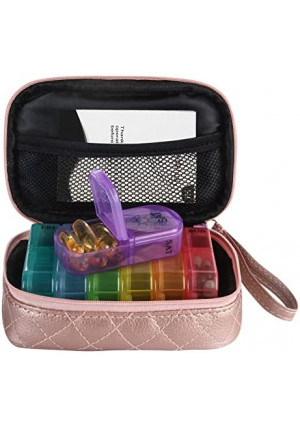 Pill Boxes with PU Leather Weekly Pill Organizer 7 Day 2 Times a Day AM PM Pill Box Portable Travel Pill Case with 7 Colorful Box for Vitamins, Cod Liver Oil, Supplements and Medication (Champagne)
