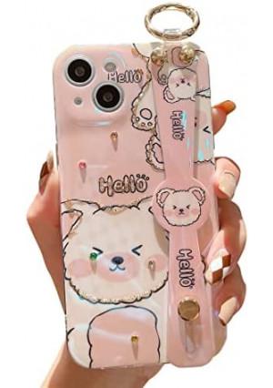 Lastma for iPhone 13 Mini Case Cute with Wrist Strap Kickstand Glitter Bling Cartoon IMD Soft TPU Shockproof Protective Cases Cover for Girls and Women - Pink Bear