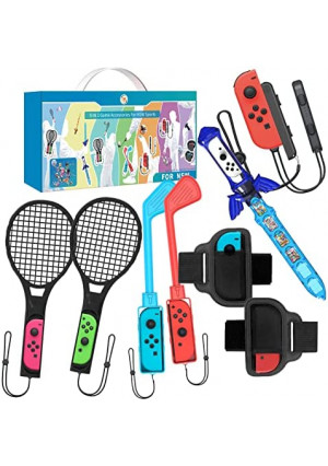 Switch Sports Accessories Bundle for Nintendo Switch Sports Games,JOYTORN 9 in 1 Kit with Switch Soccer Leg Straps, Joypad Wrist Bands, Mario Golf Super Rush Joypad Grips, Mario Tennis Rackets and Chambara Game Sword
