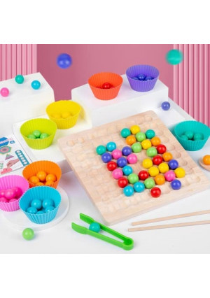 Funny Rainbow Wooden Peg Board Beads Game Toys, Montessori Puzzle Color Sorting Stacking Educational Learning Toddler Matching Toys for Kids Toddlers Gift, Children Multiplayer Board PK Toys