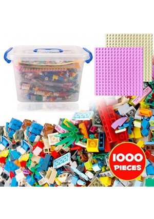 Liberty Imports Bucket of Mini Building Bricks Playset with Base Plates, 16 Color Classic and Pastel Mix Blocks Set in Carrying Case, Tight Fit and Compatible with All Major Brands (1000 Pieces)