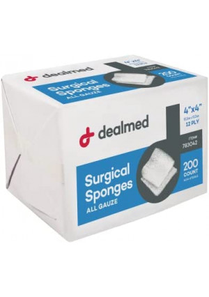 Dealmed Surgical Sponges – 200 Count, 8-Ply, 4" x 4" Surgical Gauze Pads, One Package, Highly Absorbent Gauze Sponges, Wound Care Product for First Aid Kit and Medical Facilities