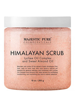 MAJESTIC PURE Himalayan Salt Body Scrub with Lychee Oil, Exfoliating Salt Scrub to Exfoliate & Moisturize Skin, Deep Cleansing - 10 oz