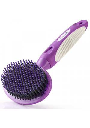 Round Bristle Pet Brush for Dogs and Cats - Gentle Grooming for Short or Long Hair - Soft Tool for Sensitive Skin Removes Dander, Dirt, and Detangles - Purple