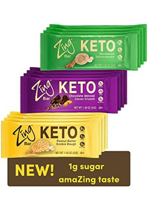 Zing Bars Keto Low Carb Protein Bar | Keto Variety Pack, 12 Count | 3 Amazing Flavors | 7-9g Protein, 3g Net Carbs, 1g Sugar | Vegan, Gluten Free, No Added Sugar | Created by Professional Nutritionists