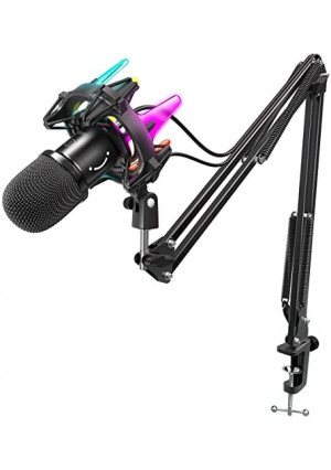 FIFINE USB Dynamic Computer Microphone Kit with Quick Mute, Adjustable Boom Arm, RGB Shock Mount, LED Indicator, Cardioid Mic Set for Game Podcast Stream YouTube, Plug & Play for PC PS4 PS5-K651