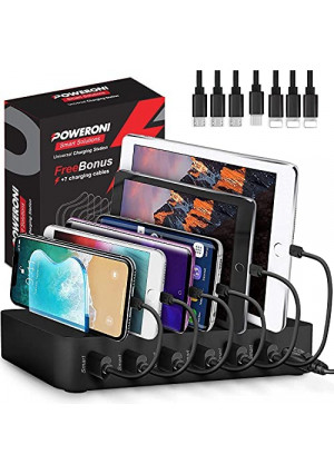 Poweroni USB Charging Station for Multiple Devices Apple Android Compatible - Charging Station Organizer with 7 Cables, Fast Charge Multi Device Phone Charger Station Charging Dock (Black 6-Port)