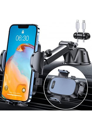 [Never Fall Off] YRU Car Phone Holder Mount [Upgraded Powerful Suction Cup] [Anti-Scratch Silicone] Cell Phone Holder Car Mount Stand Cradles Dashboard Windshield Vent for iPhone 13 Pro Max 12 11 S22