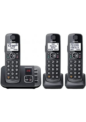 Panasonic DECT 6.0 Expandable Cordless Phone System with Answering Machine and Call Blocking - 3 Handsets - KX-TGE633M (Metallic Black)