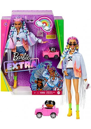Barbie Extra Doll #5 in Long-Fringe Denim Jacket with Pet Puppy, Rainbow Braids, Layered Outfit & Accessories Including Car for Pet, Multiple Flexible Joints, Gift for Kids 3 Years Old & Up, 12 inch