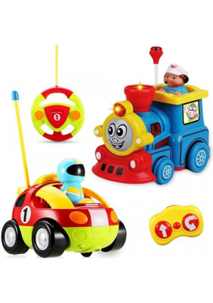 Haktoys Remote Control Cartoon Race Car and Train Locomotive RC Radio Control Toys for Toddlers and Kids, Pack of 2 Cars in Different Frequencies so That Two Players Can Play Together
