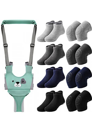Panitay Handheld Baby Walking Harness Adjustable Toddler Walking Assistant Baby Walker Assistant Belt with 4 Pairs Baby Knee Pads for Crawling 4 Pairs Non Slip Toddler Socks Grips, 7-24 Months Old