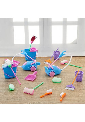 Vinsot 18 Pieces/ 2 Sets Miniature Dollhouse Cleaning Toy, Dustpan Dolls Mop Dust Pan, Brush, Broom, Bucket Housework Cute Cleaning Furniture Tools Kit Pretend Play Decoration Doll House Accessories