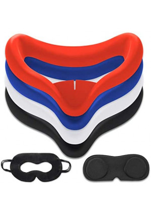 10PCS Set VR Silicone Face Cover Compatible for Oculus Quest 2 Accessories , Sweat-Proof Lightproof Non-Slip Washable Replacement (Blue/Black/Red/White),Len Protector,Disposable Eye Cover.
