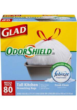 Glad OdorShield Tall Kitchen Drawstring Trash Bags, Fresh Clean, 13 Gallon, 80 Count