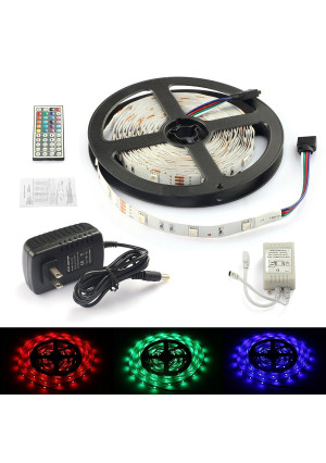 Rxment Led Strip Lights Complete Kit 5 Meters 5050 RGB 150Leds Full Kit with 44 Keys IR Remote +Control Box+2A Power Supply for Home Lighting and Kit