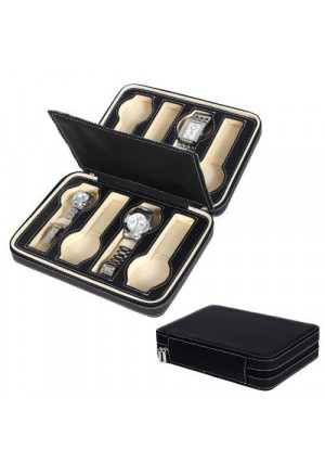 Songmics-Watch box Songmics 8 Slots Zippered Watch Box Traveler's Black Watch Storage Case Organizer UJWB50B