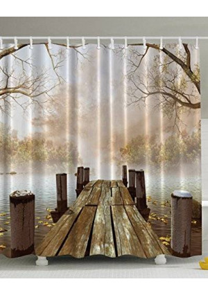 Ambesonne Fall Wooden Bridge Print Polyester Fabric Shower Curtain