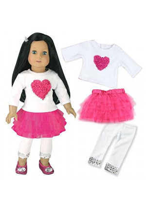18 Inch Doll Clothes Outfit, 3 Pc. Set, Fits 18 Inch American Girl Doll and More! Heart and Tulle Skirt