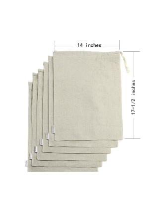 Augbunny Cotton/Linen Blend 14- by 17-1/2-inch Muslin Produce Bags with Drawstring, 6-Pack