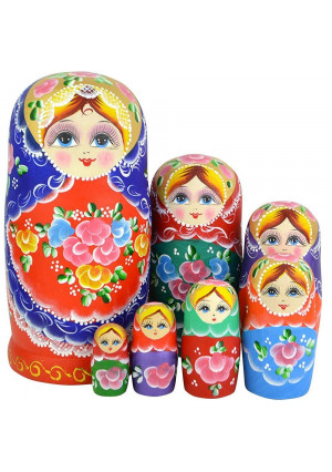 Youbedo 7pcs Blue Flower Madness Nesting Dolls Authentic Russian Wooden Matryoshka