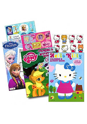 Coloring Books with Stickers Assortment ~ Hello Kitty Coloring Book, My Little Pony Coloring Book, Disney Frozen Coloring Book (Set of 3)