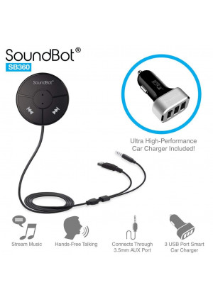 SoundBot SB360 Bluetooth 4.0 Car Kit Hands-Free Wireless Talking and Music Streaming Dongle w/ 10W Dual Port 2.1A USB Charger + Magnetic Mounts + Built-in 3.5mm Aux Cable