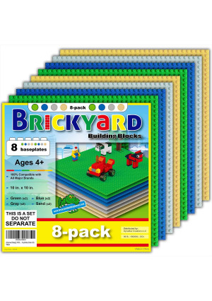 [Improved Design] 8 Baseplates, 10 x 10 Large Thick Base Plates for Building Bricks by Brickyard, for Play Table or Displaying Compatible Construction Toys (2 Green, 2 Blue, 2 Gray, 2 Sand - 8-Pack)