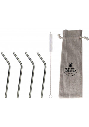 Short Thin Bent Stainless Steel Straws for Cocktail Glasses, Kids, Small Cups, or Half Pint Mason Jars, 4 Pack + Cleaning Brush