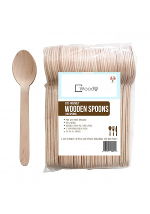 WoodU Disposable Wooden Spoons Natural Birch Wood Biodegradable Utensils Cutlery Eco-Friendly Green (100 pack)