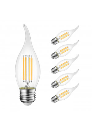 B11 Flame Tip LED Filament Bulbs E26 Candelabra BaseLVWIT 40W Equivalent Dimmable 3000K Soft White Chandelier Candle Light Bulb (6-Pack)