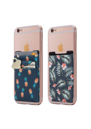 (Two) Stretchy Cell Phone Stick On Wallet Card Holder Phone Pocket For iPhone, Android and all smartphones. (PineappleandPalm)