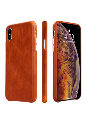 iPhone Xs Leather Case TOOVREN iPhone X/Xs Genuine Leather Cover Case Protective Ultra Thin Vintage Anti-Slip Grip Shell Hard Back Cover for Apple iPhone X/Xs (2018) Brown