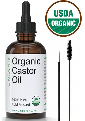 Organic Castor Oil 2oz, USDA Certified, For Longer Fuller Thicker Looking Hair Eyelashes and Eyebrows. Enhances The Appearance Of Natural Lash and Brow Growth. Serum Comes With Eyeliner and Mascara Brushes