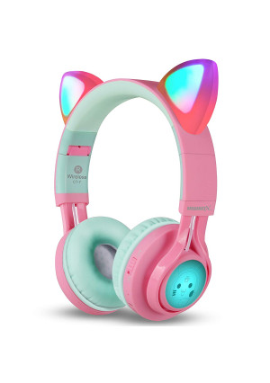 Riwbox Bluetooth Headphones, Riwbox CT-7 Cat Ear LED Light Up Wireless Foldable Headphones Over Ear with Microphone and Volume Control for iPhone/iPad/Smartphones/Laptop/PC/TV (PinkandGreen)