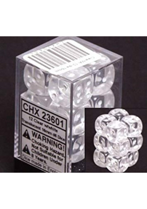 Chessex Dice d6 Sets: Clear with White Translucent - 16mm Six Sided Die (12) Block of Dice